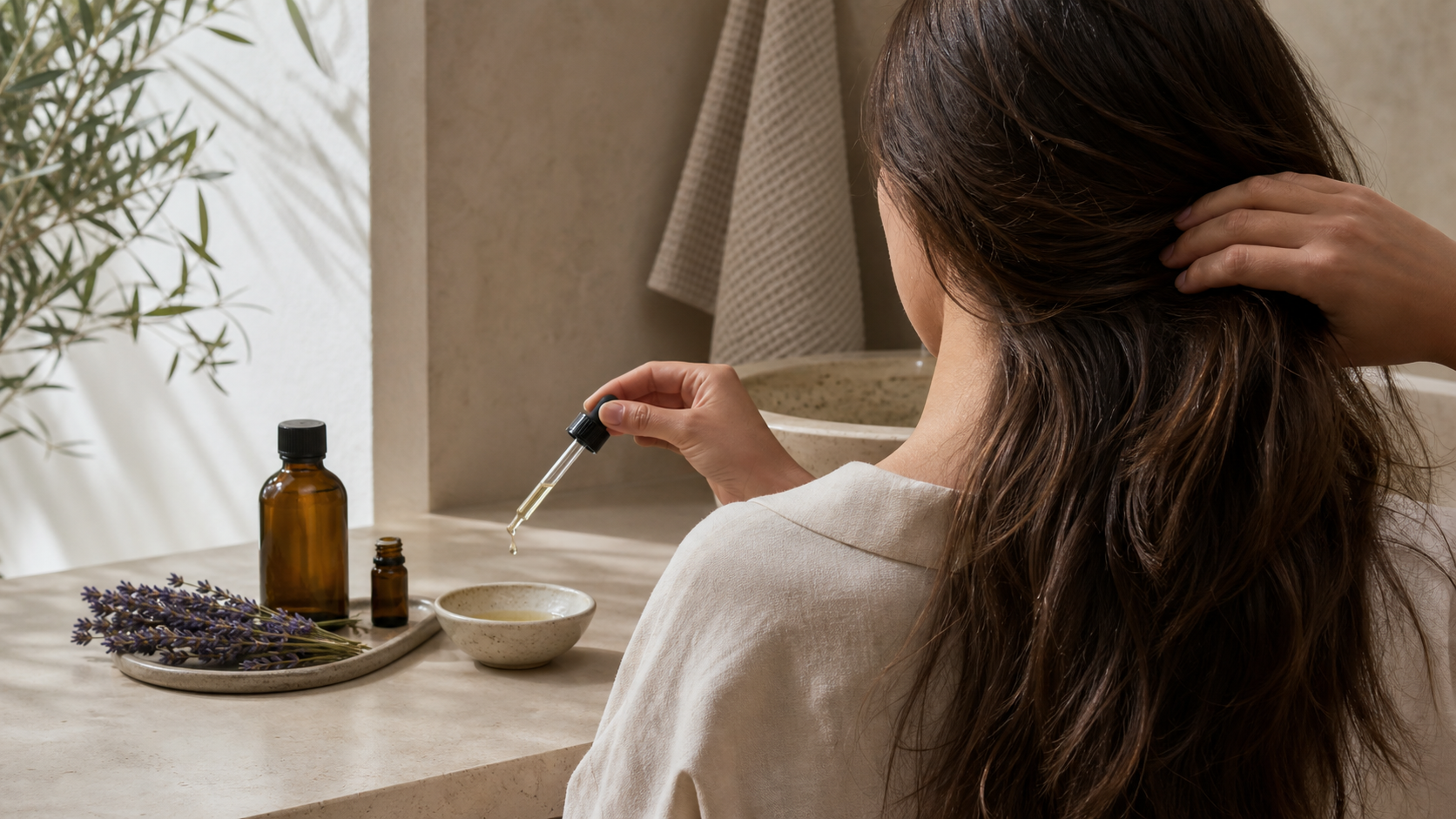 Diluting essential oil in a small ceramic dish before scalp application