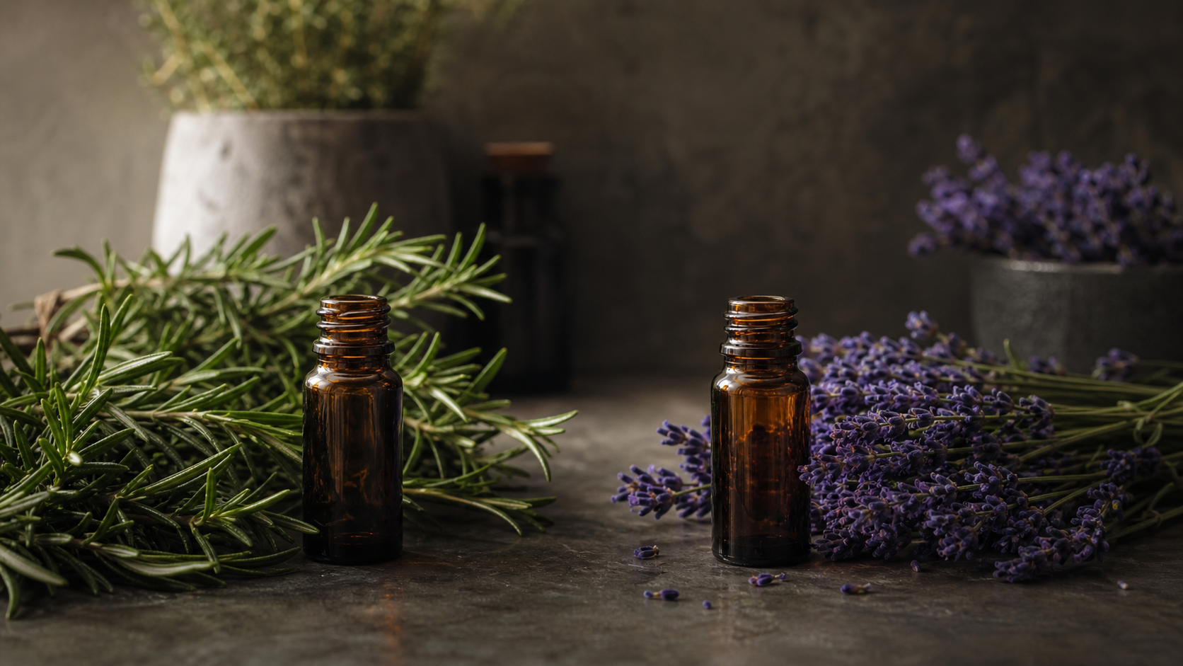 Rosemary and lavender beside two amber essential oil bottles