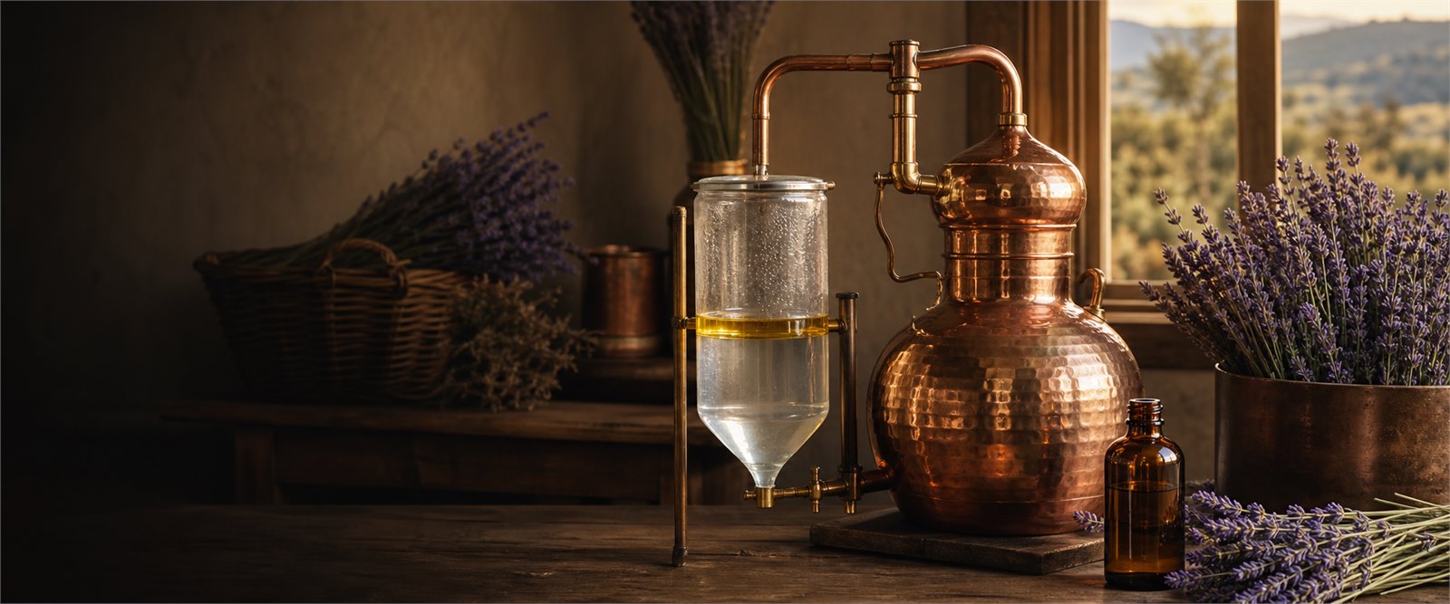 Lavender essential oil separating from hydrosol during small-batch copper distillation