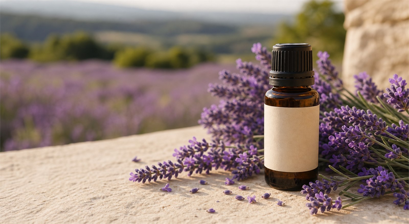 Amber essential oil bottle in a lavender field