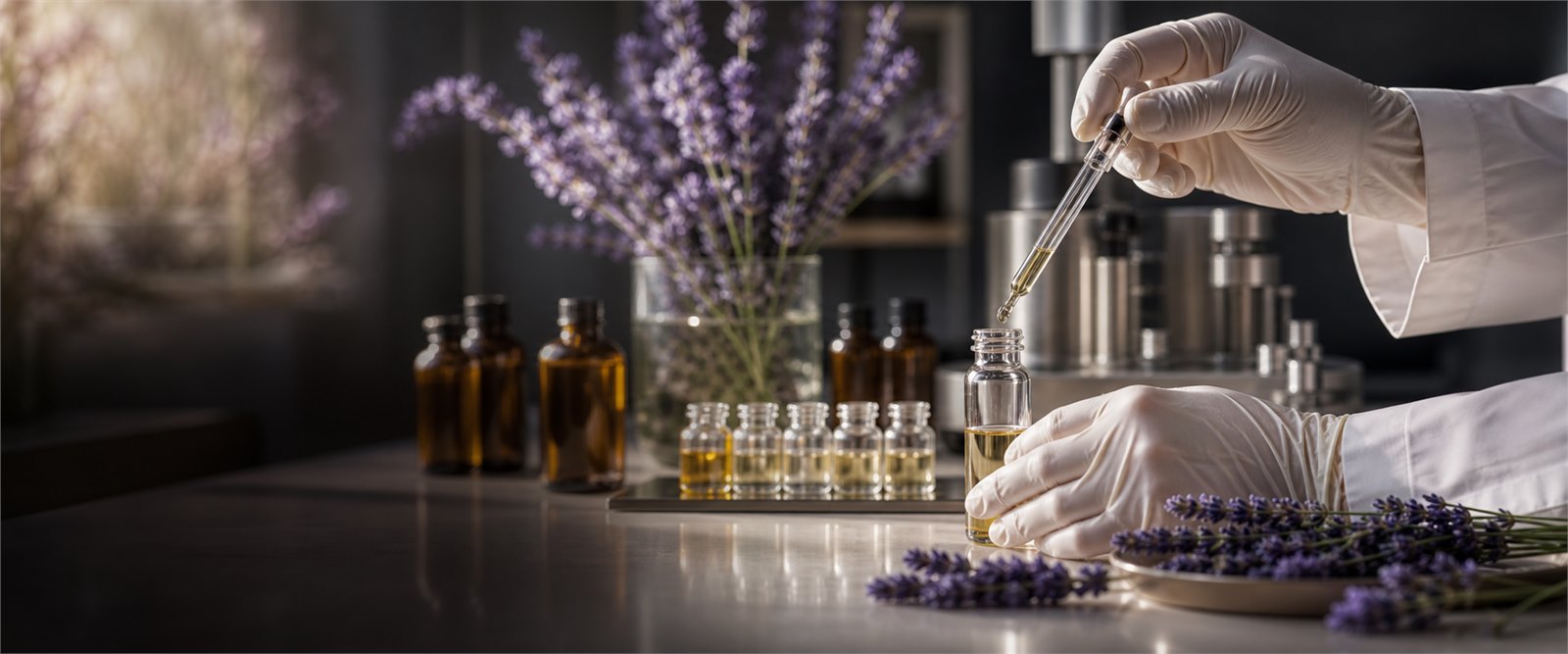 Lavender essential oil quality testing in a refined botanical laboratory